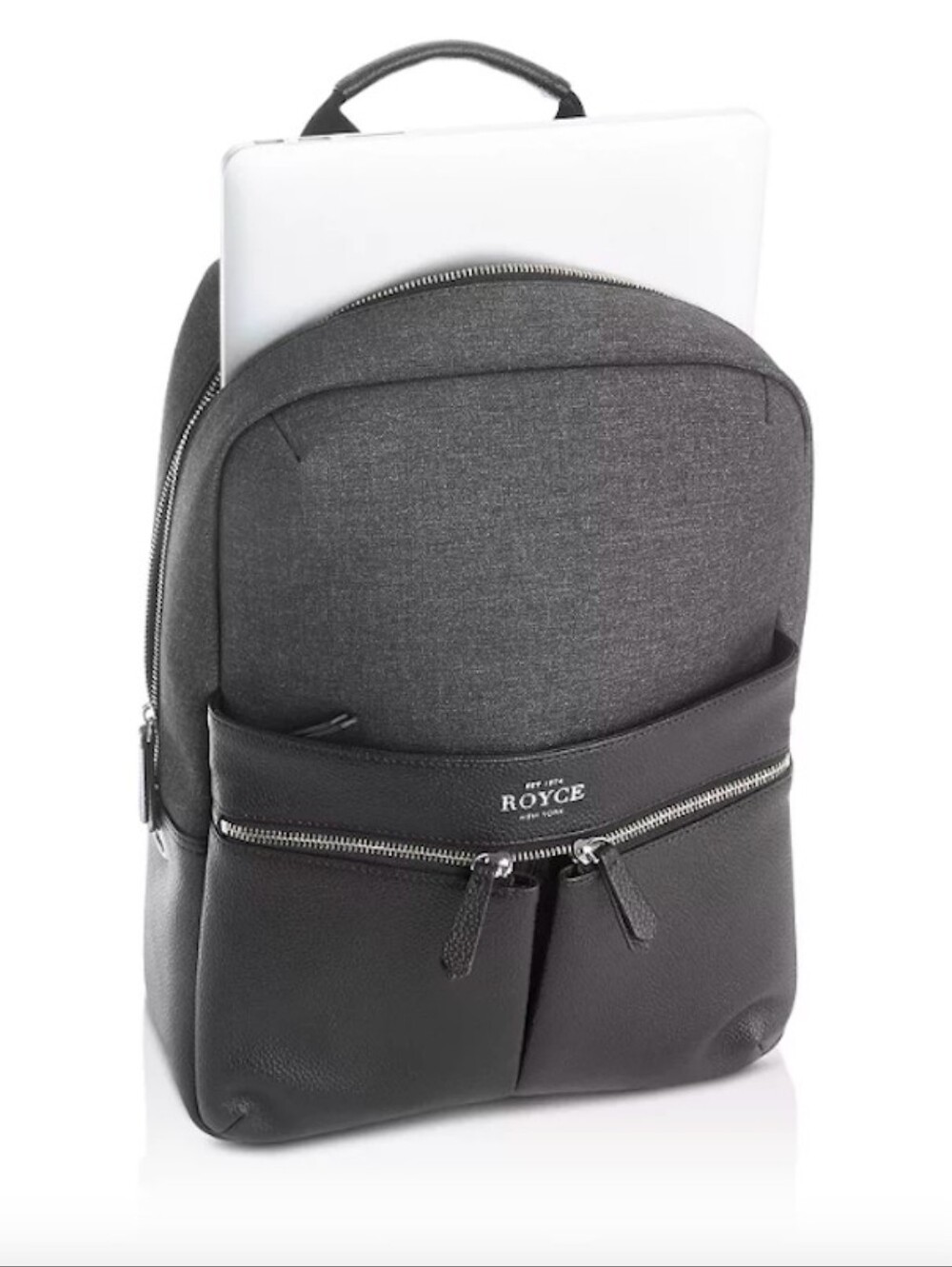 Royce New York Cosmopolitan Tech Leather Laptop Backpack in Charcoal & Black